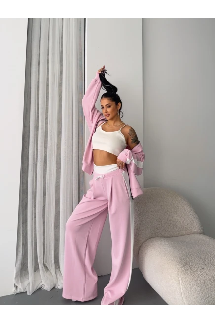 Oysh Kumaş Bel Lastikli Alt Üst Crop Üçlü Takım Pudra