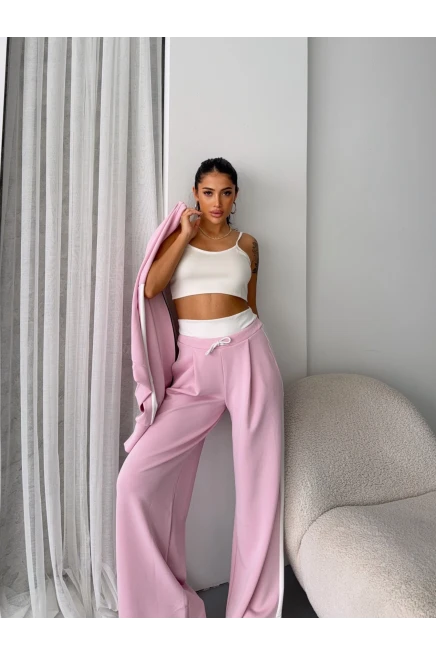 Oysh Kumaş Bel Lastikli Alt Üst Crop Üçlü Takım Pudra