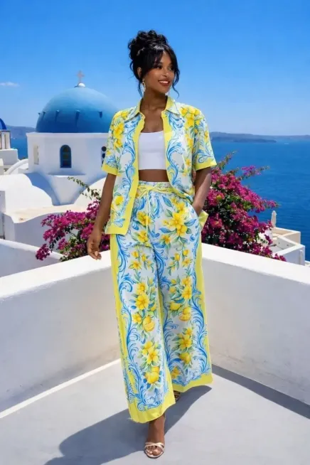 Paradise Desenli Takım İthal Hawai Kumas Limon