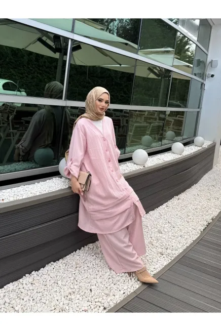 Pembe Keten Gömlek Alt Üst Takım