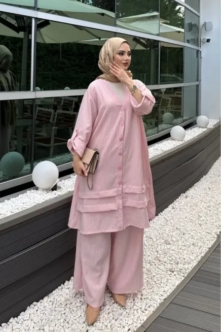 Pembe Keten Gömlek Alt Üst Takım