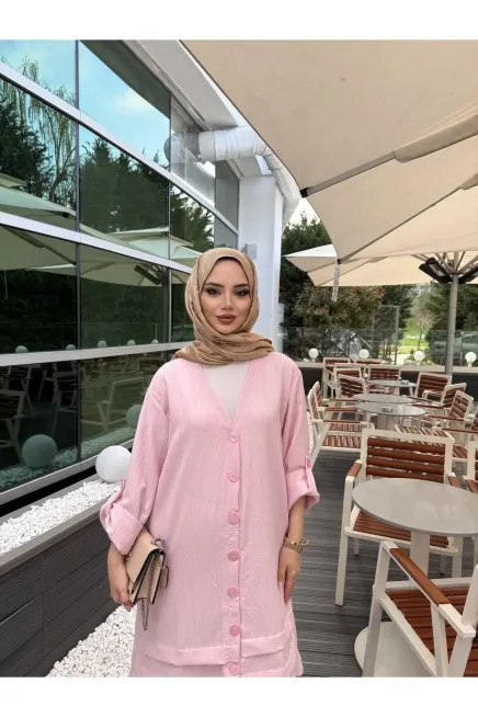 Pembe Keten Gömlek Alt Üst Takım
