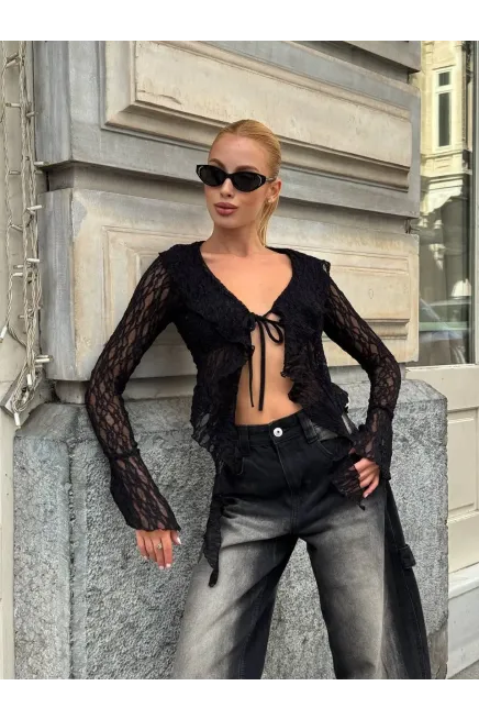 Pervazlı Dantel Kumaş Siyah Bluz