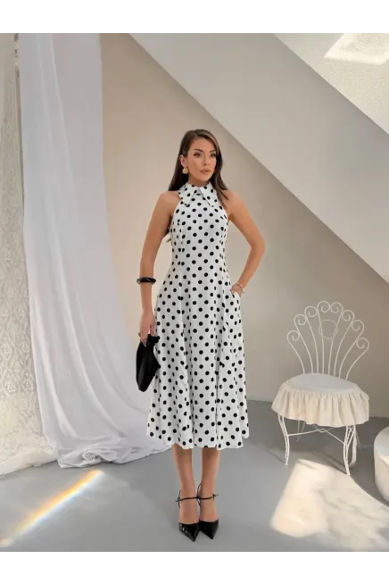 Puantiye Desen Sırt Detay Midi Boy Elbise Beyaz