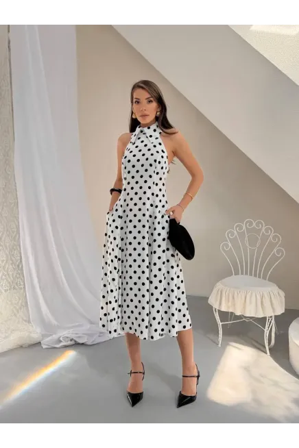 Puantiye Desen Sırt Detay Midi Boy Elbise Beyaz