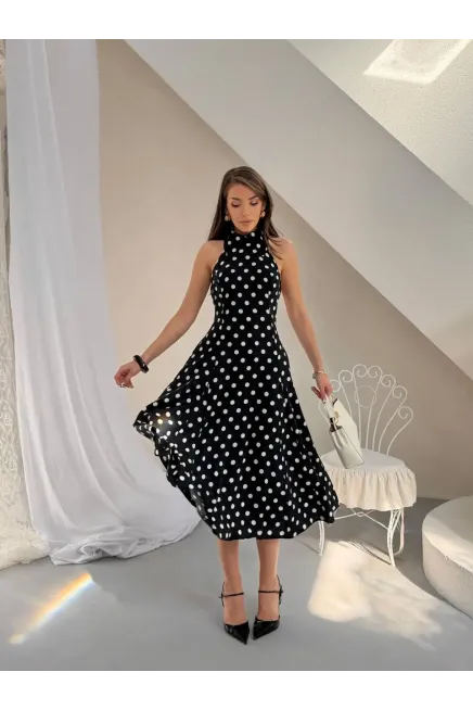 Puantiye Desen Sırt Detay Midi Boy Elbise Siyah