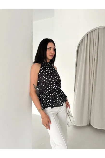 Puantiyeli Halter Yaka Bluz – Bel Lastikli Şık Bluz Siyah