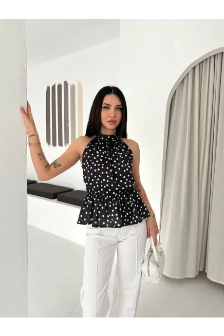 Puantiyeli Halter Yaka Bluz – Bel Lastikli Şık Bluz Siyah
