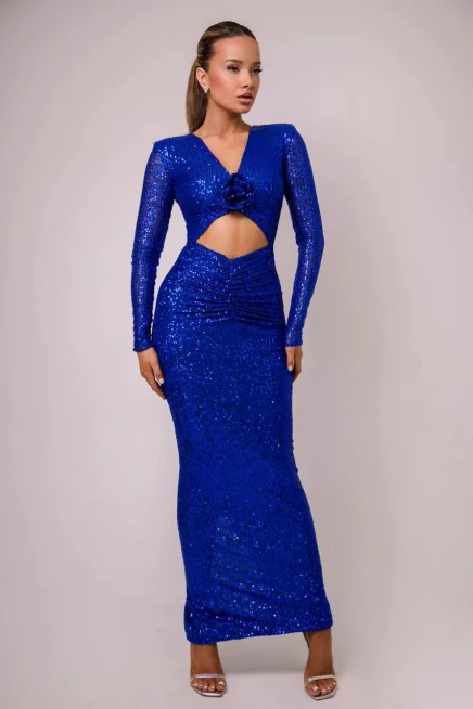 Pulpayet Kumaş Full Astarlı Maxi Boy Elbise Lacivert