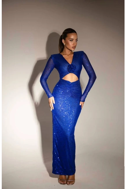 Pulpayet Kumaş Full Astarlı Maxi Boy Elbise Lacivert