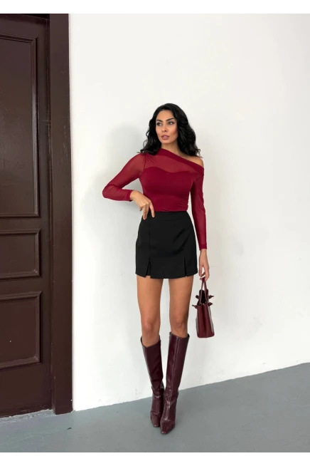 Sandy Kumaş Tül Detay Bluz Bordo