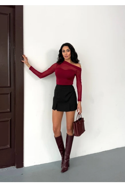 Sandy Kumaş Tül Detay Bluz Bordo