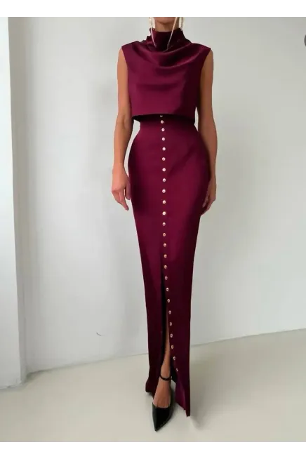 Saten Kumaş Özel İşleme Düğme Detaylı Takım