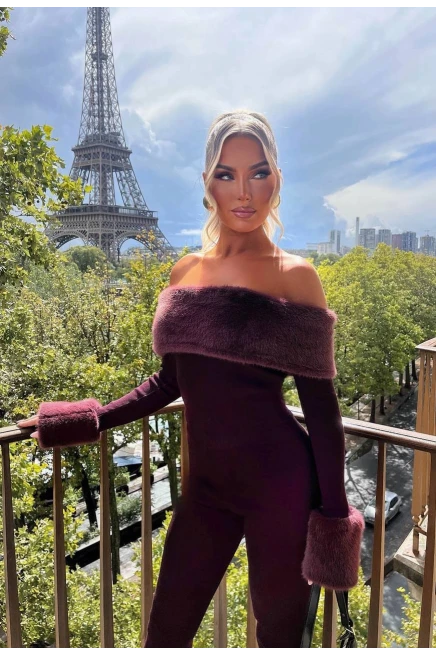 Selanik Kumaş Kürk Detay Maxi Boy Tulum Bordo