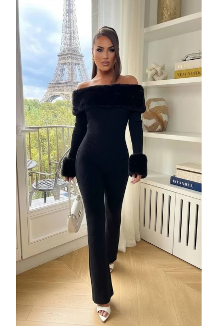 Selanik Kumaş Kürk Detay Maxi Boy Tulum Siyah