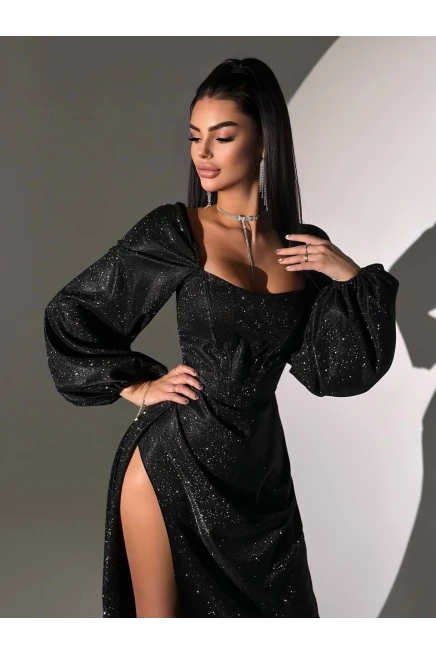 Simli Kumaş Sırt Detay Yırtmaçlı Maxi Boy Elbise