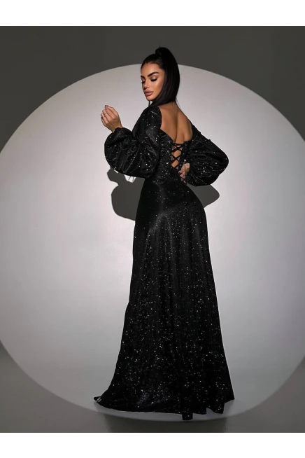 Simli Kumaş Sırt Detay Yırtmaçlı Maxi Boy Elbise