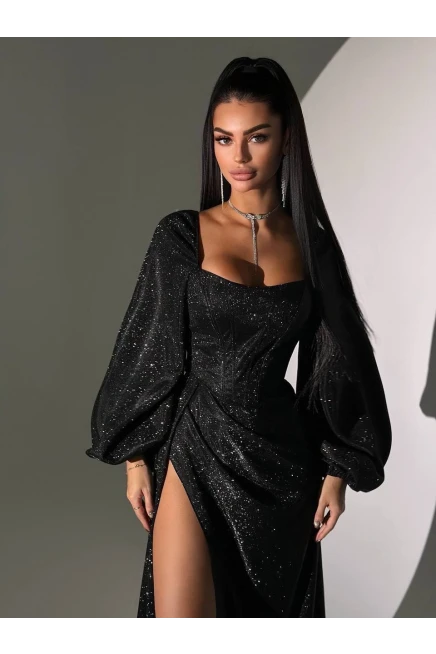 Simli Kumaş Sırt Detay Yırtmaçlı Maxi Boy Elbise