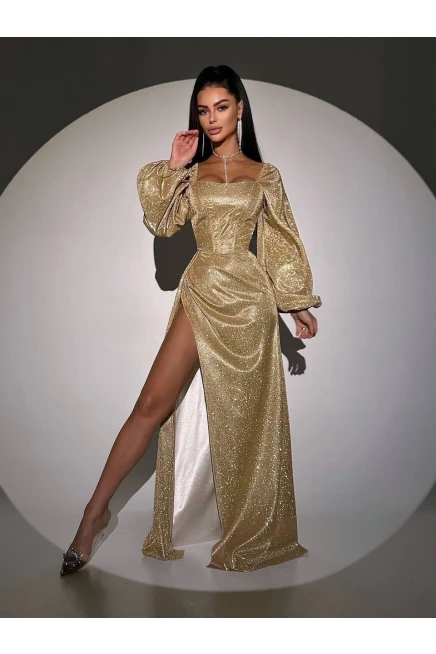 Simli Kumaş Sırt Detay Yırtmaçlı Maxi Boy Elbise