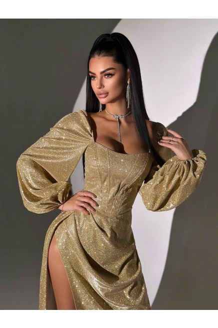 Simli Kumaş Sırt Detay Yırtmaçlı Maxi Boy Elbise