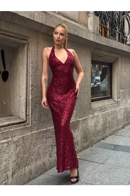 Sırt Dekolte Detay Pullu Elbise Bordo