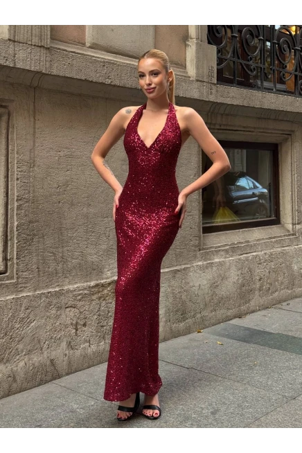 Sırt Dekolte Detay Pullu Elbise Bordo