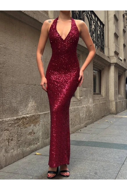 Sırt Dekolte Detay Pullu Elbise Bordo