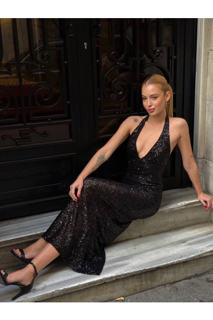 Sırt Dekolte Detay Pullu Elbise Siyah