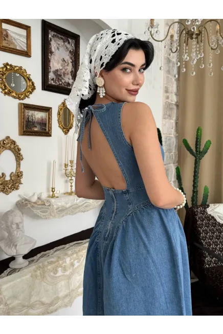 Sırt Dekolte Detaylı Denim Elbise