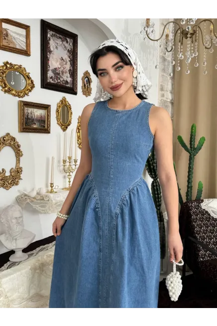 Sırt Dekolte Detaylı Denim Elbise