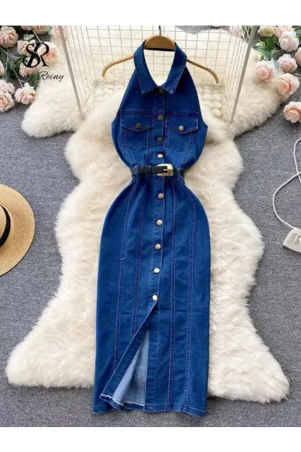 Sırt Dekolte Yakalı Kot Elbise