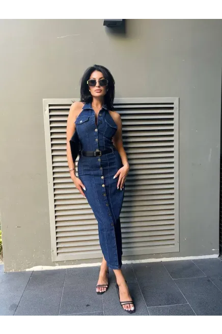 Sırt Dekolte Yakalı Kot Elbise