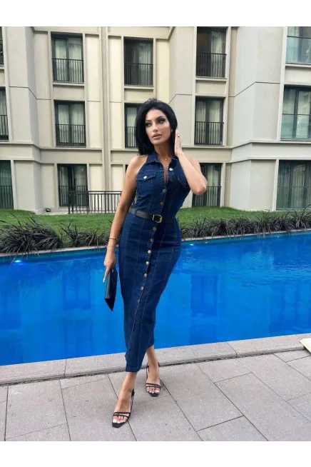 Sırt Dekolte Yakalı Kot Elbise