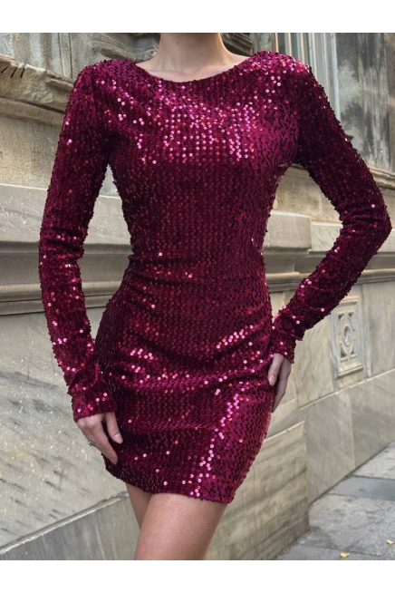 Sırt Dekolteli Payetli Mini Elbise Bordo