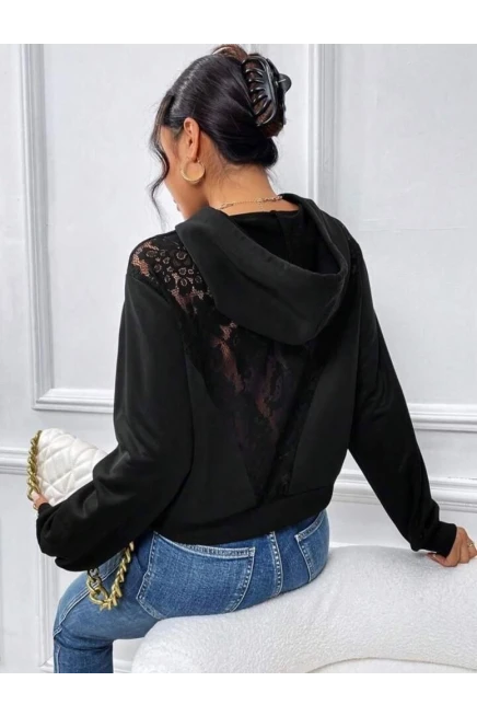 Sırtı Dantel Detay Kapşonlu Sweatshirt