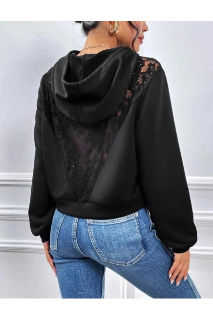 Sırtı Dantel Detay Kapşonlu Sweatshirt