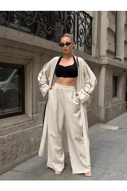 Siyah Çizgi Detaylı Kimono Pantalon Takım
