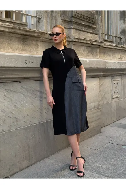 Siyah Fermuar Detay Modal ve Tensel Kumaş Elbise