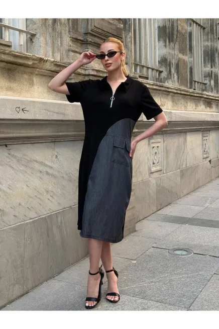 Siyah Fermuar Detay Modal ve Tensel Kumaş Elbise