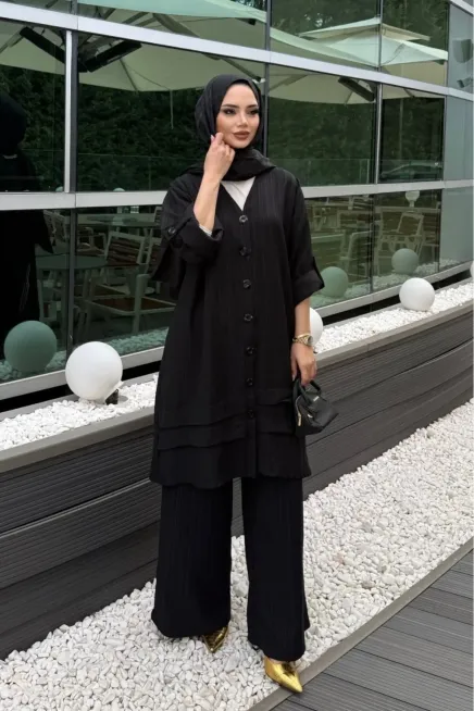 Siyah Keten Gömlek Alt Üst Takım