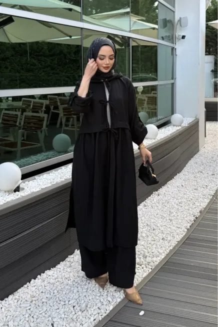 Siyah Önden Bağlamalı Keten Takım
