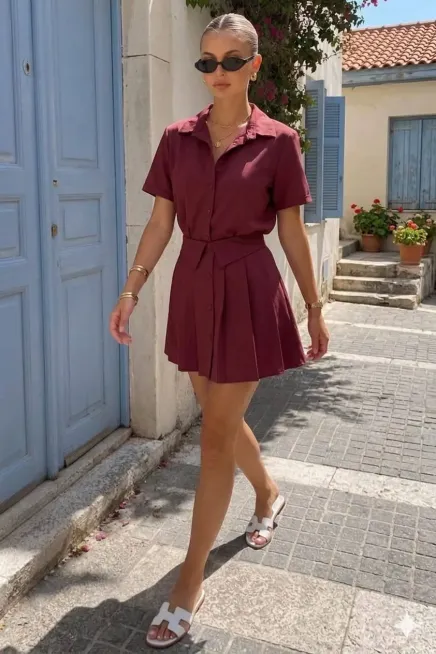 Şort Astarlı Etek ve Gömlek Alt Üst Takım Bordo