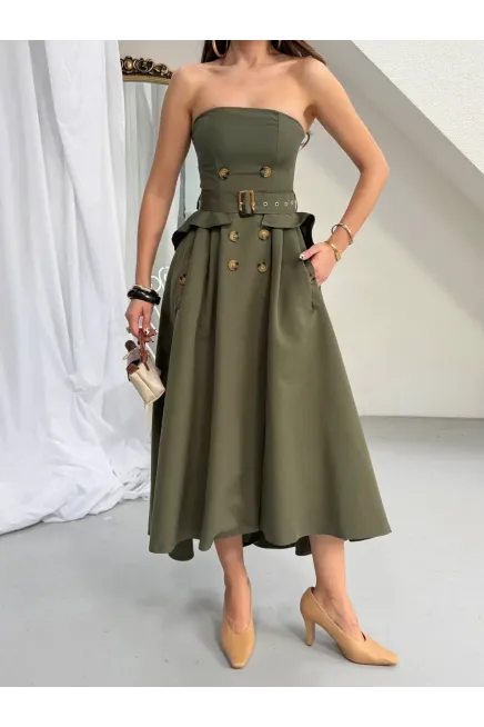 Straplez Bel Kemer Detay Elbise Haki