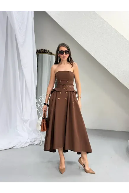 Straplez Bel Kemer Detay Elbise Kahve