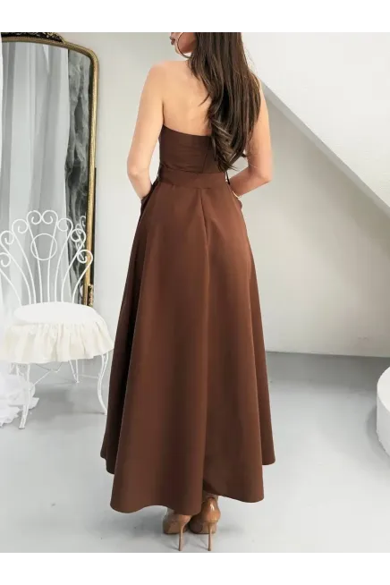 Straplez Bel Kemer Detay Elbise Kahve