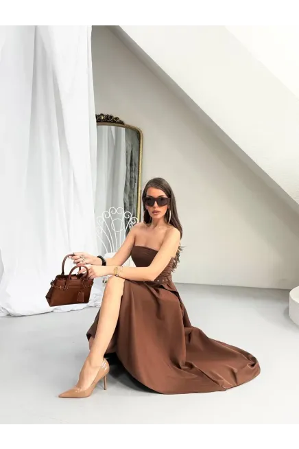 Straplez Bel Kemer Detay Elbise Kahve