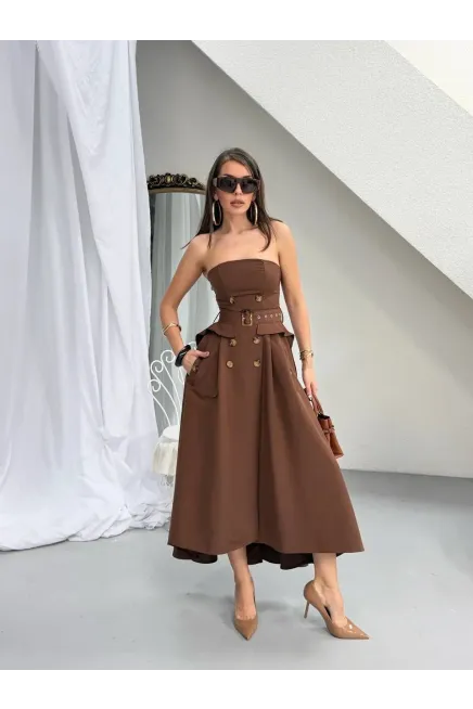 Straplez Bel Kemer Detay Elbise Kahve