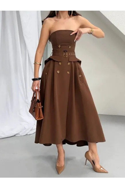 Straplez Bel Kemer Detay Elbise Kahve