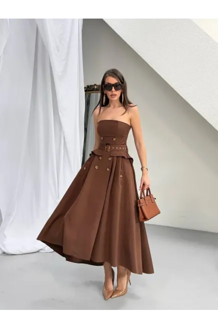 Straplez Bel Kemer Detay Elbise Kahve