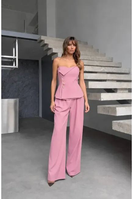 Straplez Bluz ve Pantalon  Alt Üst Takım Pembe